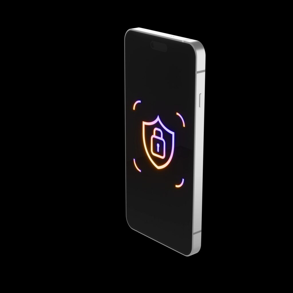 Conceito de Segurança de Smartphone com Ícone de Cadeado Neon Shield em Fundo Escuro