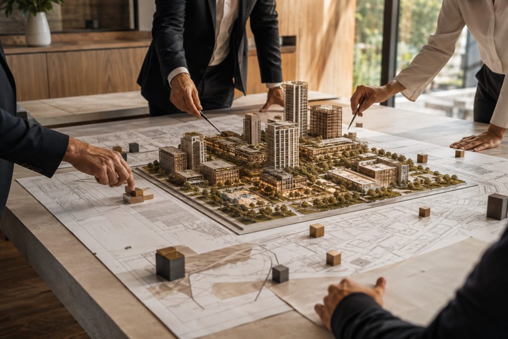 Profissionais analisando a maquete de um projeto imobiliário sobre plantas técnicas