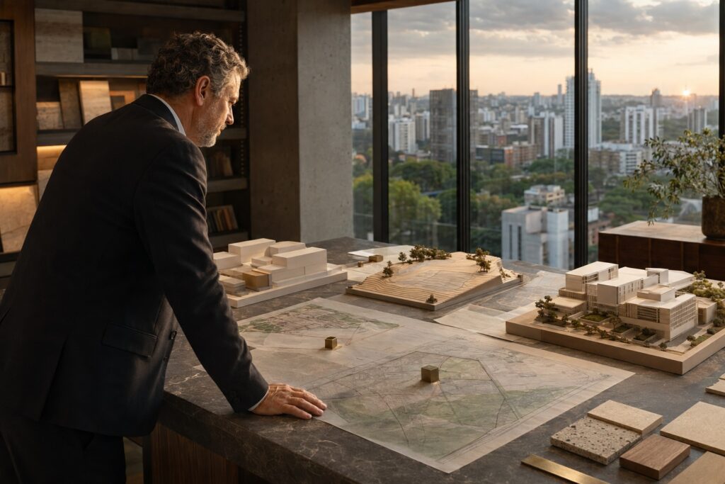 Profissional experiente avaliando terrenos, alternativas de ocupação e projetos para uma decisão imobiliária fundamentada.
