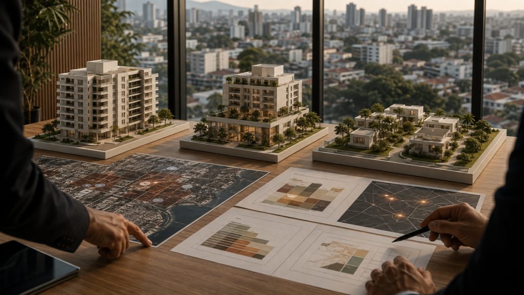 Maquete de um empreendimento residencial ao lado de estudos de mercado e pranchas de produto