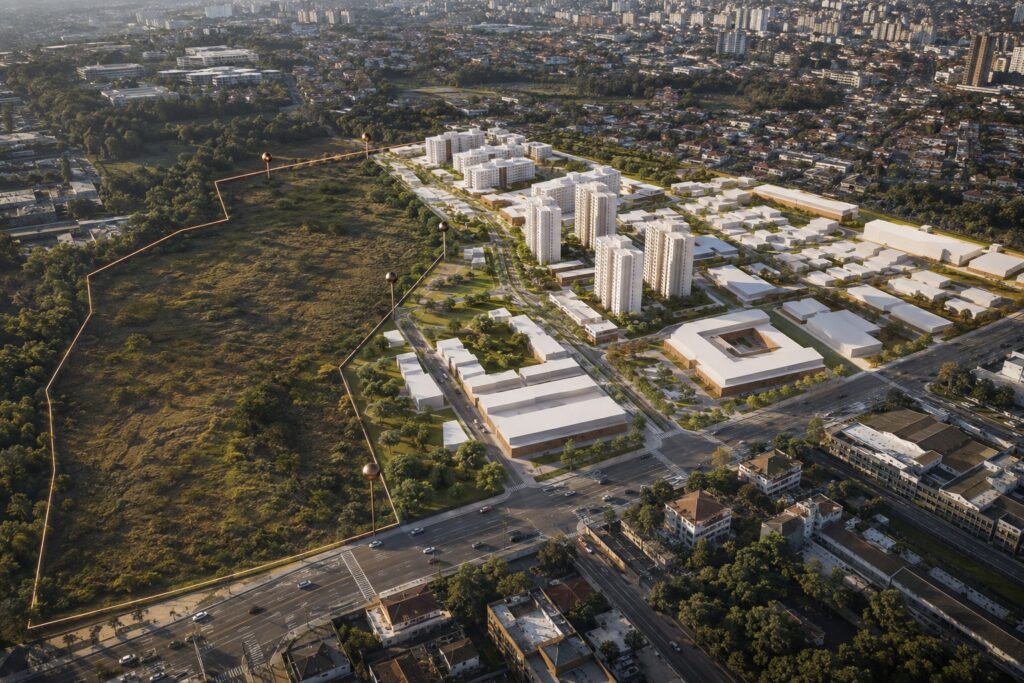 Terreno urbano ao lado de um masterplan estruturado, representando a transformação do potencial imobiliário em valor.