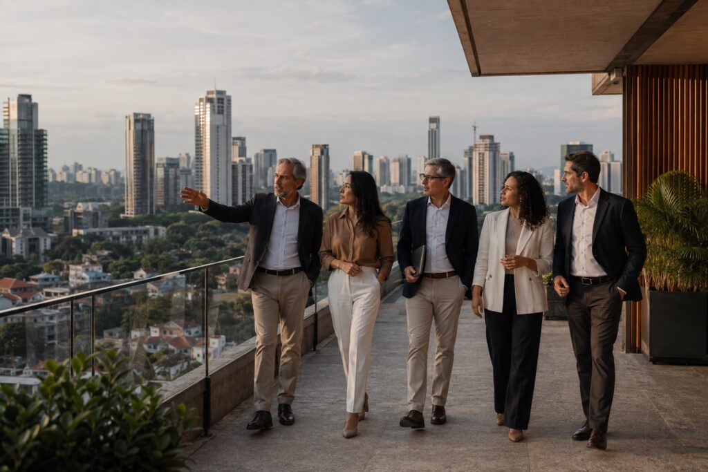 Proprietários, executivos, desenvolvedores e investidores discutindo decisões imobiliárias com vista para a cidade.