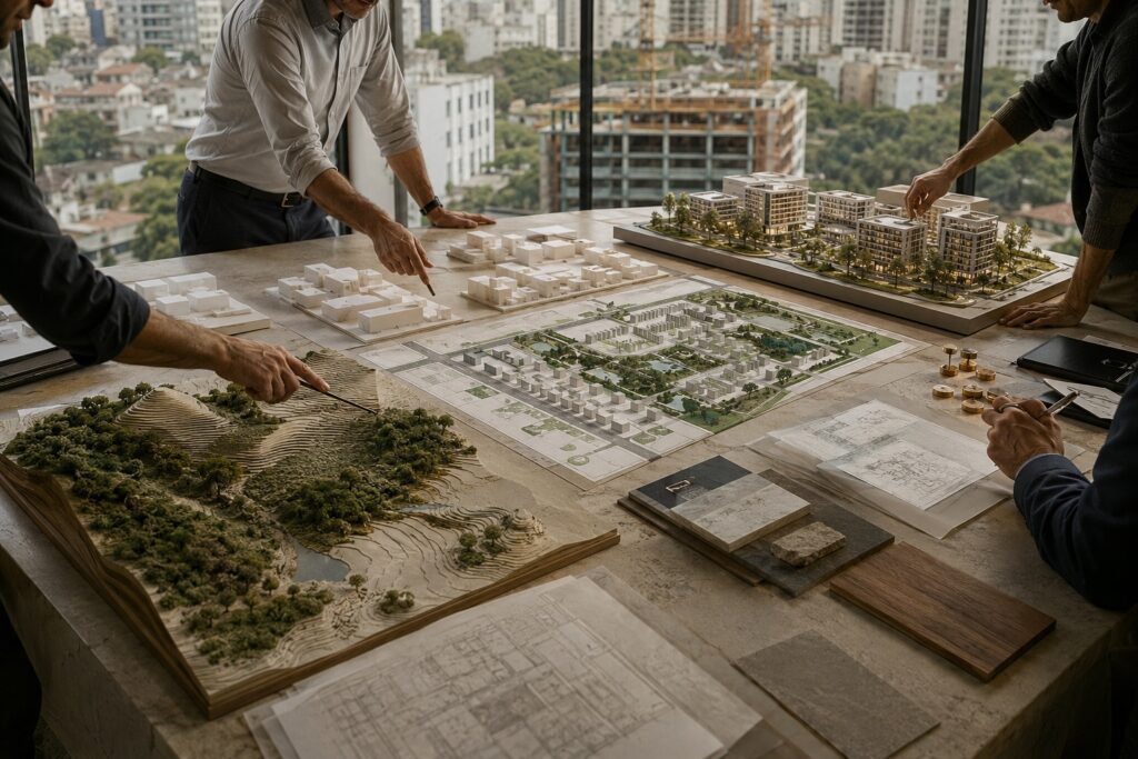 Equipe multidisciplinar analisando terreno, estudos de massa e masterplan para estruturar e executar um projeto imobiliário.