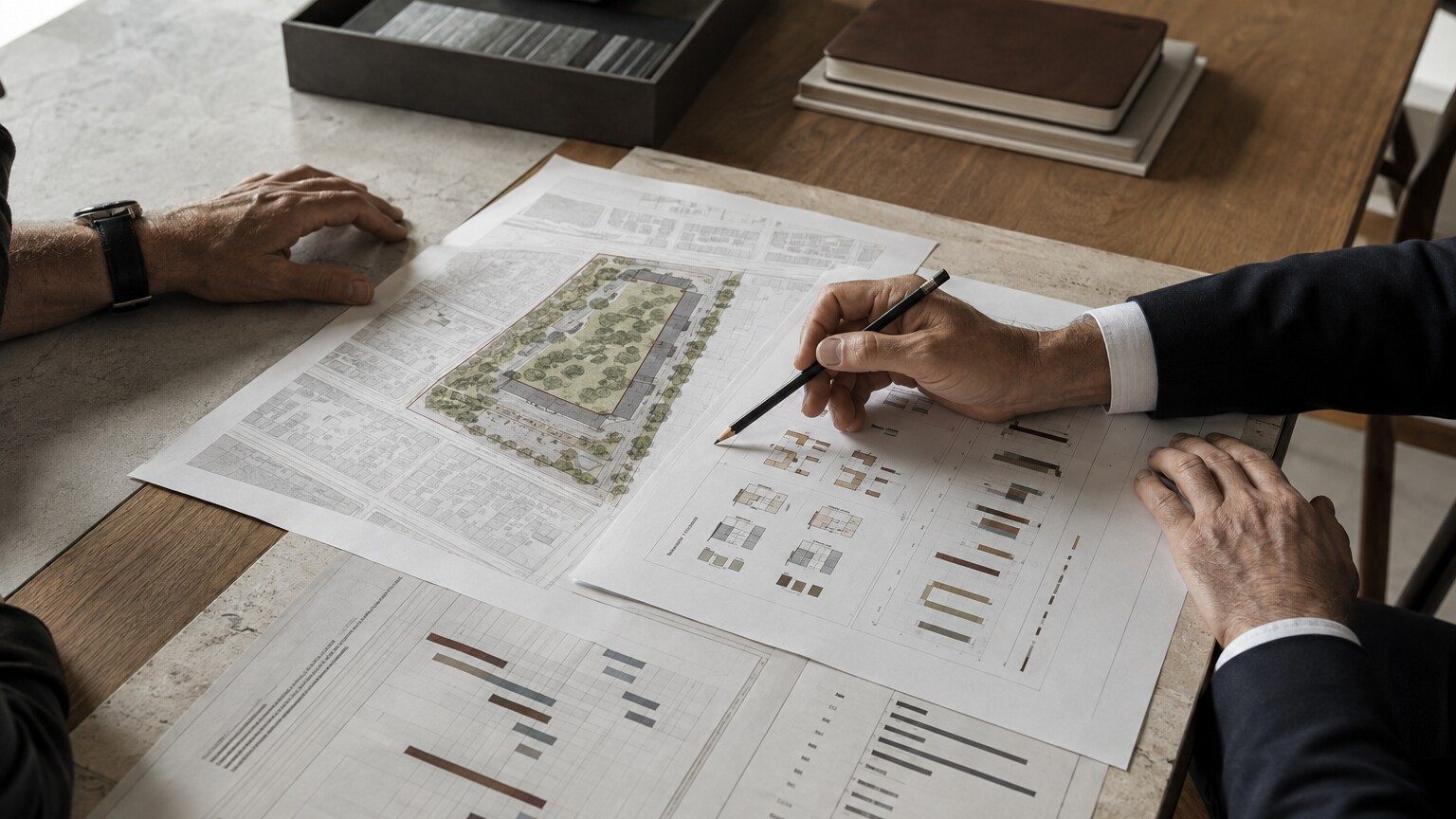 Proprietário e advisor analisam terreno, unidades e premissas econômicas antes de negociar uma proposta de permuta imobiliária.