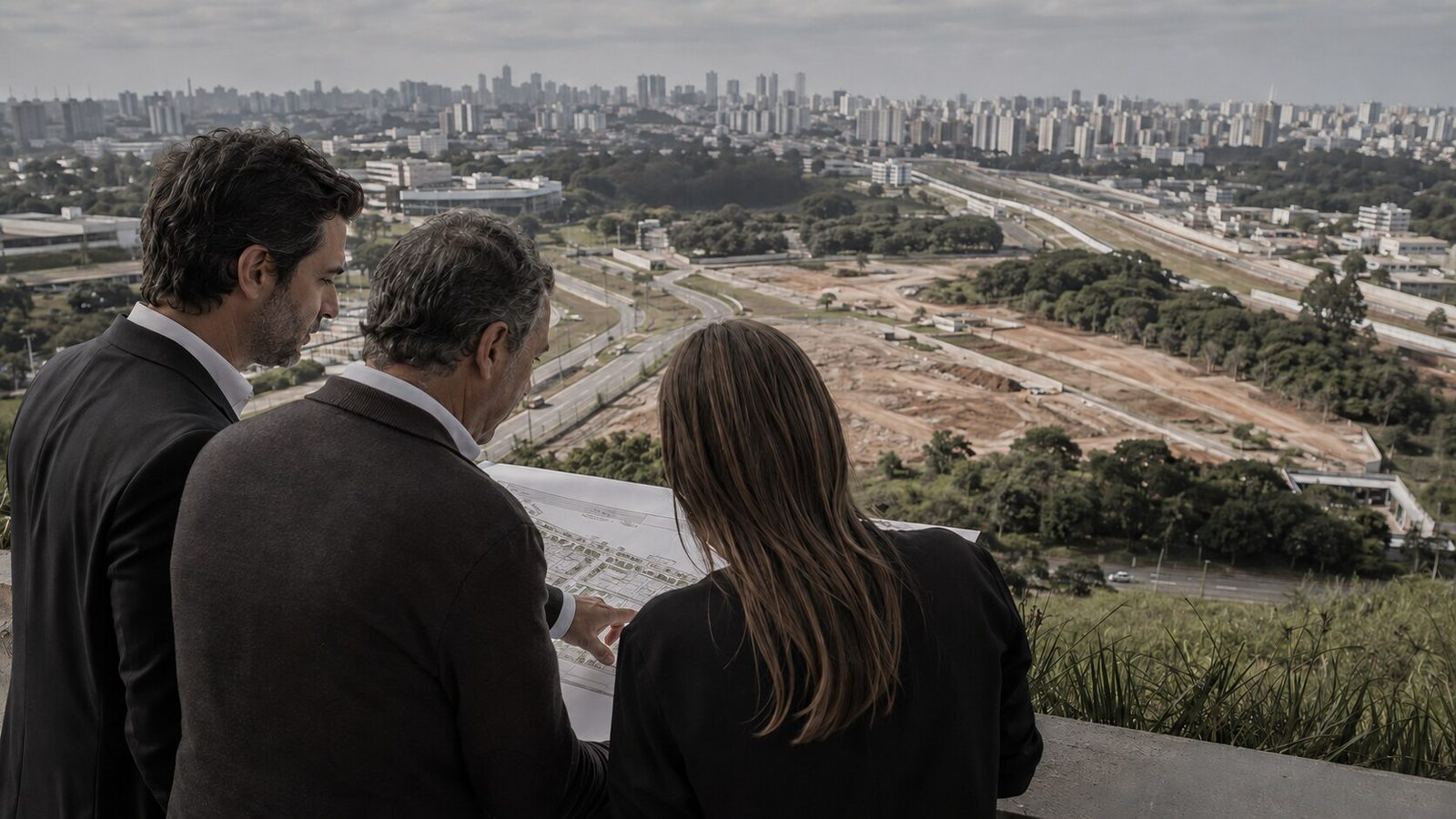 Equipe de real estate analisando ativo, estudo de melhor uso e viabilidade para estruturar um negócio imobiliário.