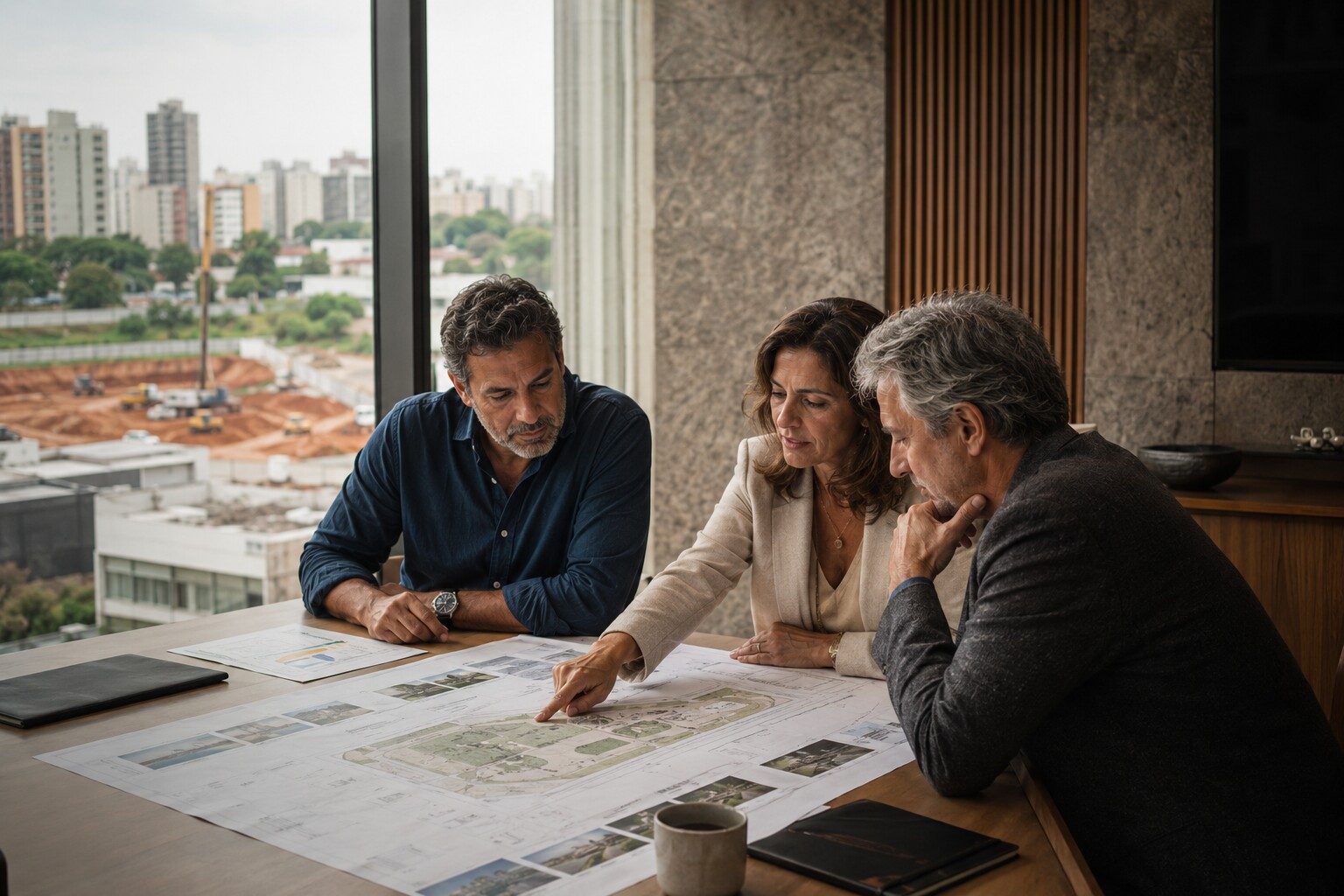 Equipe de real estate analisa proposta e premissas para estruturar permuta de terreno.